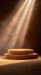 Wall Mural - brown podium with three steps, illuminated by light rays from the top right corner of the stage, against a solid background.