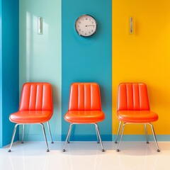 Poster - Retro Pop Office Vibes Vibrant Orange Chairs on Colorful Geometric Wall - Creative Workspace Content and Modern Design for Healthcare Environments