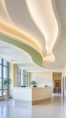 Aufkleber - Contemporary Healthcare Aesthetic Curved Reception Counter and Ambient Ceiling Design in Medical Facility - Modern Patient Care Environment and Healthcare Infrastructure Innovation