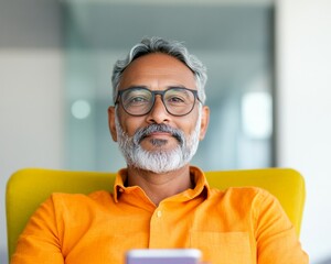 Aufkleber - Contemporary Wellness Tech Experience Middle-Aged South Asian Man Engaged with Health Tracking App in Stylish, Light-Filled Clinic - Advanced Healthcare and Personal Well-Being Solutions