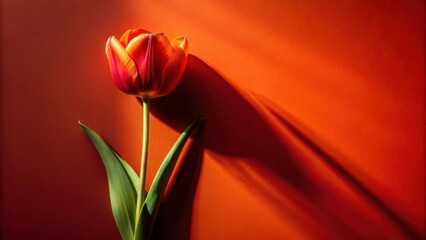 Aufkleber - A Single Vibrant Tulip Against a Rich Orange Background Illuminated by a Dramatic Light Source Casting a Striking Shadow