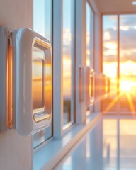 Aufkleber - Contemporary Hospital Corridor Architecture Sleek Glass and Metallic Fixtures in Sunlit Design - Healthcare Facility Innovation and Modern Hospital Planning