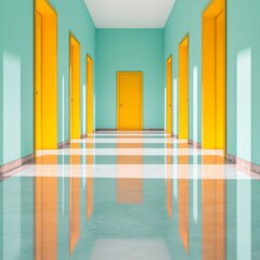 Poster - Vibrant Contemporary Hospital Corridor Sleek Colorful Doors with Glossy Floors - Innovative Healthcare Design and Inspirational Workspace Ambiance for Modern Facilities