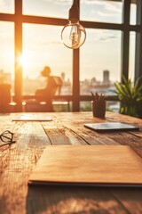 Poster - Sunlit Contemporary Workspace Urban Office with Wooden Desk and Glass Walls - Strategic Corporate Communication and Healthcare Management for Dynamic Business Environments