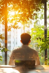 Poster - Sunlit Biophilic Office Young Professional in Eco-Inspired Glass-Walled Workspace - Enhancing Strategic Planning in Modern Business Communications