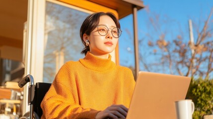 Aufkleber - Contemporary Gig Economy Workspace Korean Freelancer with Adaptive Tech and Wheelchair-Accessible Urban Cafe Setting - Enhancing Remote Work and Inclusive Design in Digital Marketplaces