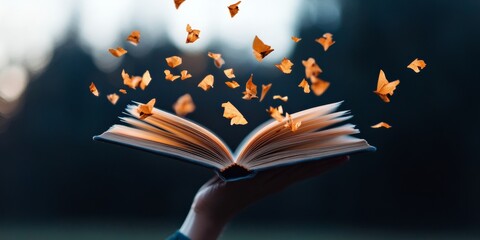Poster - Ethereal Book Display with Floating Pages and Dynamic Light Visual Content Creation for Digital Learning and Inspirational Marketing in the Education Industry
