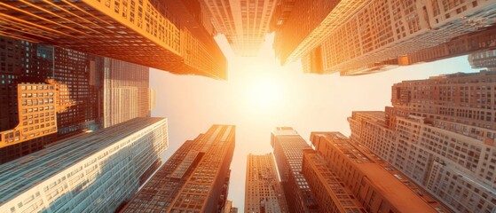 Poster - Modern Urban Skyline Futuristic Steel and Glass Skyscrapers at Golden Hour - Smart City Content for Real Estate Development and Architectural Visualization