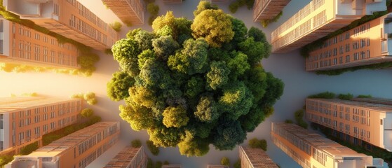 Aufkleber - Green Urban Futures Aerial Visualization of Vertical Forest Skyscrapers with Solar Panels - Sustainable Cityscape Design for Innovative Urban Planning and Smart Eco Development