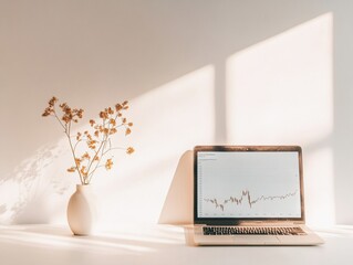 Poster - Minimalist Home Office Adaptive Laptop with Accessible Financial Chart and Ceramic Vase - Inclusive Remote Investing and Modern Finance Aesthetic for Digital Wellness Market
