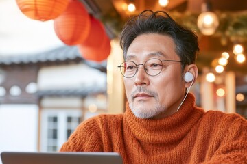 Aufkleber - Modern Comfort in Business Mature Asian Man in Cozy Knitwear Using Wireless Earbuds - Enhancing Remote Work Efficiency in Stylish Urban Setting