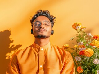Poster - Cultural Serenity in Modern Learning Indian Student in Traditional Kurta with Adaptive Tech and Floral Accents - Enhancing Inclusivity in Education and Workspaces