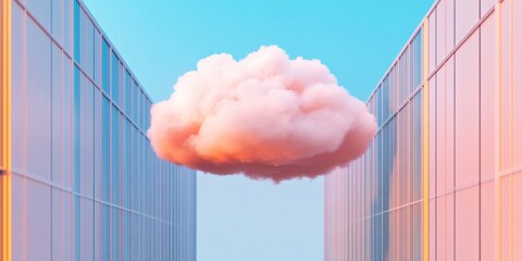 Aufkleber - Pastel Cloud Computing Art Soft-Edged Network Visualization Between Modern Glass Towers - Tech and Digital Infrastructure Content for Innovative Business Solutions
