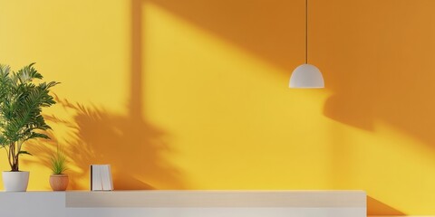 Poster - Scandinavian Minimalist Office Vibe Sleek Desk with Potted Green Plants and Pendant Light - Inspiring Workspace Design for Modern Corporate and Eco-Friendly Interior Innovations