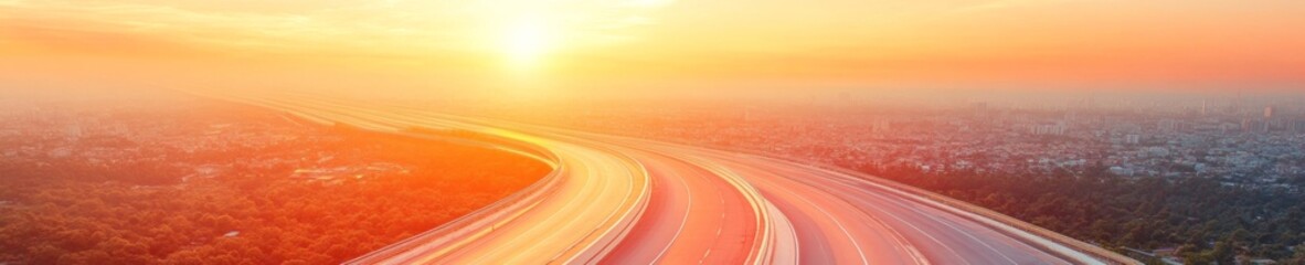 Aufkleber - Futuristic Urban Corridor Aerial Cityscape of Intertwined Highways and Skyline at Sunset - Modern Infrastructure Planning and Digital Urban Visualization for City Development