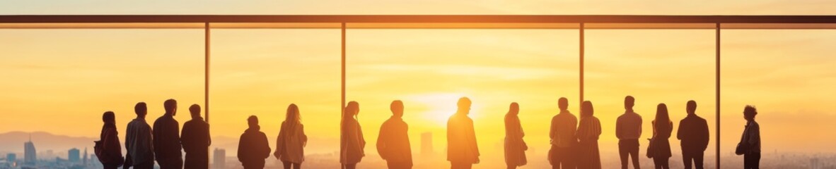 Leinwandbilder - Urban Collaborative Workspace Modern Glass Partition with Silhouetted Group Interaction - Networking Hub for Creative Enterprises and Professional Growth Insights