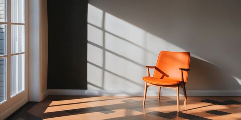 Poster - Mid-Century Modern Office Interior Bright Orange Chair with Natural Light in Geometric Space - Creative Workspace Design and Trendy Business Environment