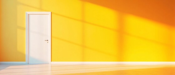 Aufkleber - Sunny Minimalist Corridor in Healthcare Facility White Door on Bold Yellow Wall - Modern Clinic Design for Inviting Patient Experience and Enhanced Wellness