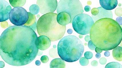 Poster - Abstract Watercolor Circles A Serene Collection of Teal and Green Spheres on White Background