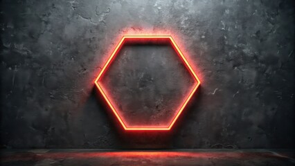 Wall Mural - Red Hexagonal Neon Light Frame Against Dark Concrete Wall