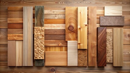 Aufkleber - Collection of Diverse Wood Samples Arranged in a Unique Pattern on a Wooden Background