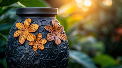 Wall Mural - Black floral vase in a garden at sunset, perfect for home decor