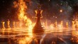 © mlangsen - Black king chess piece burning on fire on chessboard, strategy concept