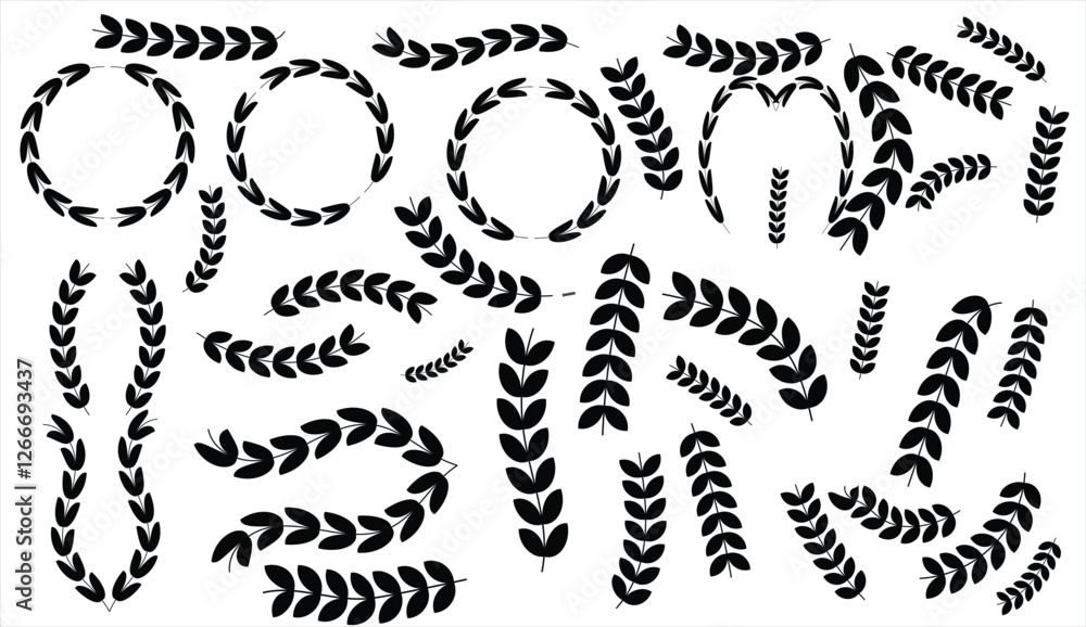 Laurel wreath Set, Black circular laurel olive branches greek wreath ...