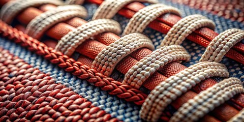 Aufkleber - Intricate Woven Textile Detail Close-up of Red and Off-White Braided Cords Intertwined on a Textured Surface