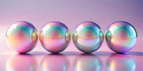 Poster - Iridescent spheres in a row on a reflective surface exhibiting a spectrum of pastel colors