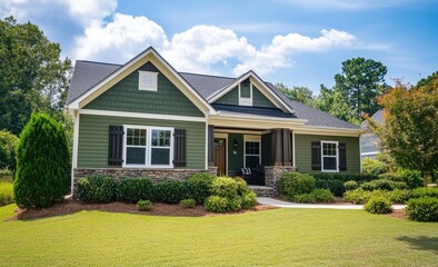 Wall Mural - A small, green craftsman-style home with white trim and large windows sits in the woods of North Carolina, surrounded by lush hedges.