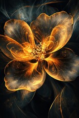 Wall Mural - Golden flower fractal art, dark background, design element