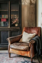 Sticker - Rustic leather armchair in vintage room, books & flowers