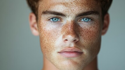 Wall Mural - Before and after photos of a problematic face and healthy skin. Close Up Portrait of a Young Man with Freckles and Blue Eyes