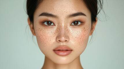 Wall Mural - asia Before and after photos of a problematic face and healthy skin. Close Up Portrait of a Young Woman with Freckles