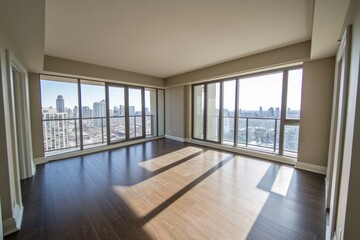 Wall Mural - Modern condo living room, city view, sunlight, hardwood floor