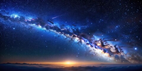 Wall Mural - Celestial Panorama A Breathtaking View of the Milky Way Galaxy Arcing Across a Starry Night Sky, Above a Serene Landscape of Mountains and Clouds at Sunrise
