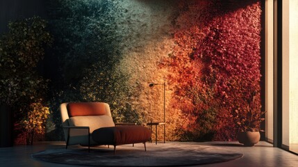 Sticker - Colorful autumnal wall, lounge chair, room, calm mood, interior design