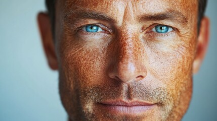 Wall Mural - Before and after photos of a problematic face and healthy skin. Close Up Portrait of a Man with Blue Eyes and Freckles