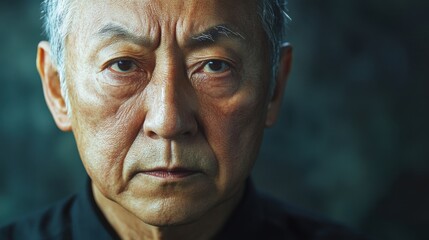 Wall Mural - asia Before and after photos of a problematic face and healthy skin. Close-Up Portrait of a Serious Elderly Man Against a Dark Background