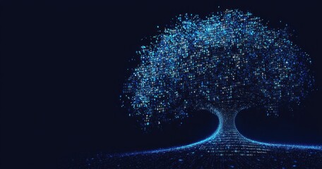 Digital tree composed of glowing binary code on a dark background