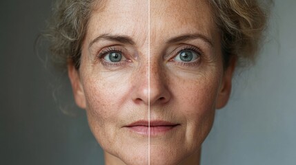 Wall Mural - Before and after photos of a problematic face and healthy skin. Close Up Portrait of a Woman with Freckles and Graying Curly Hair