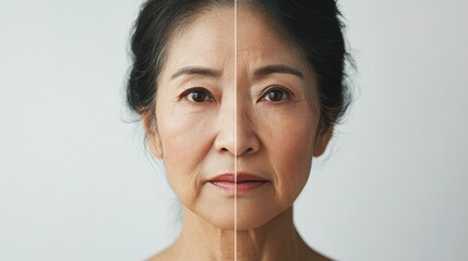 Wall Mural - asia Before and after photos of a problematic face and healthy skin. Portrait of a Mature Woman with Natural Skin Texture