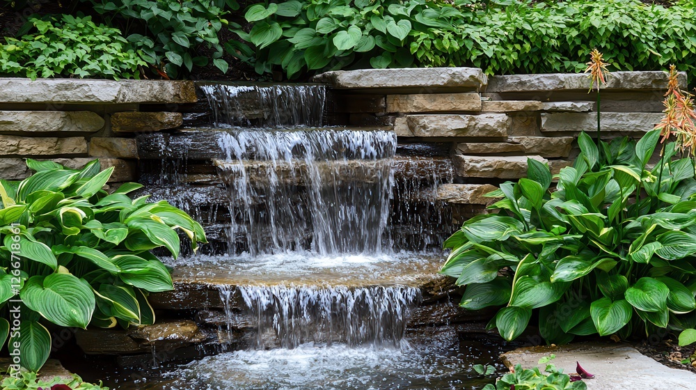 Serene Waterfall in a Lush Garden Setting Stock Illustration | Adobe Stock