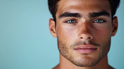 Before and after photos of a problematic face and healthy skin. Portrait of a Young Man with Freckles and Green Eyes