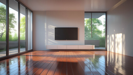 Wall Mural - A modern empty room with a sleek, minimalist TV unit mounted on a smooth white wall