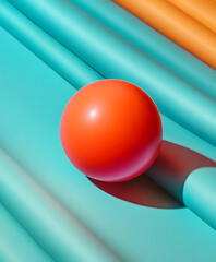 A vibrant orange sphere rests atop colorful, undulating turquoise and orange surfaces, creating a striking visual contrast