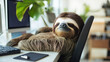 © Александр Довянский - A contented sloth sleeps in an office chair at his workstation in the office in the middle of the workday