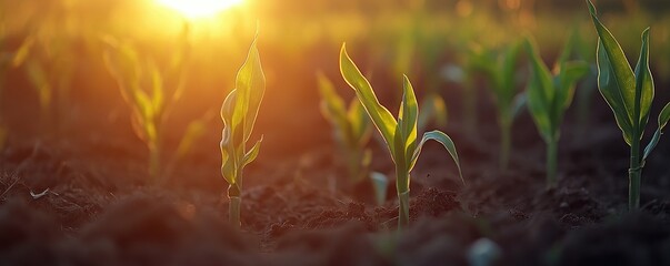 Wall Mural - Sunrise Illuminates Young Plants Growing in Soil, Agriculture's Promise at Dawn