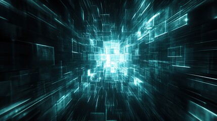 Teal digital data stream flowing through cyberspace